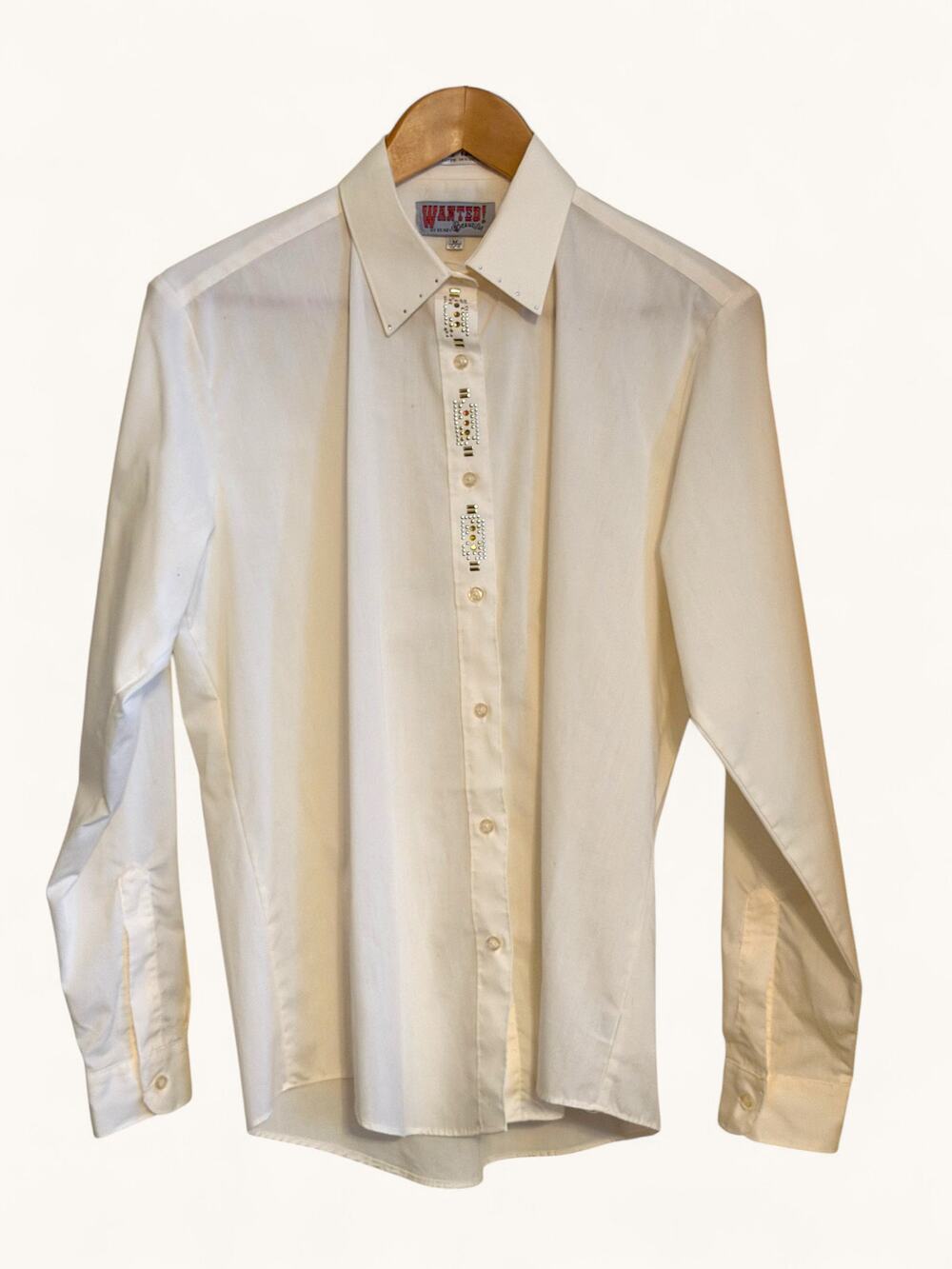 VTG 90s Women's M Wanted by Beads Beautiful 1/4 Bib Rhinestone Wht Western Shirt